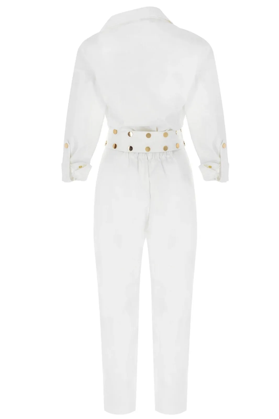 White Asymmetric-Neck, Long-Sleeved, Belt-Detailed Canvas Jumpsuit
