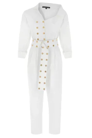 White Asymmetric-Neck, Long-Sleeved, Belt-Detailed Canvas Jumpsuit