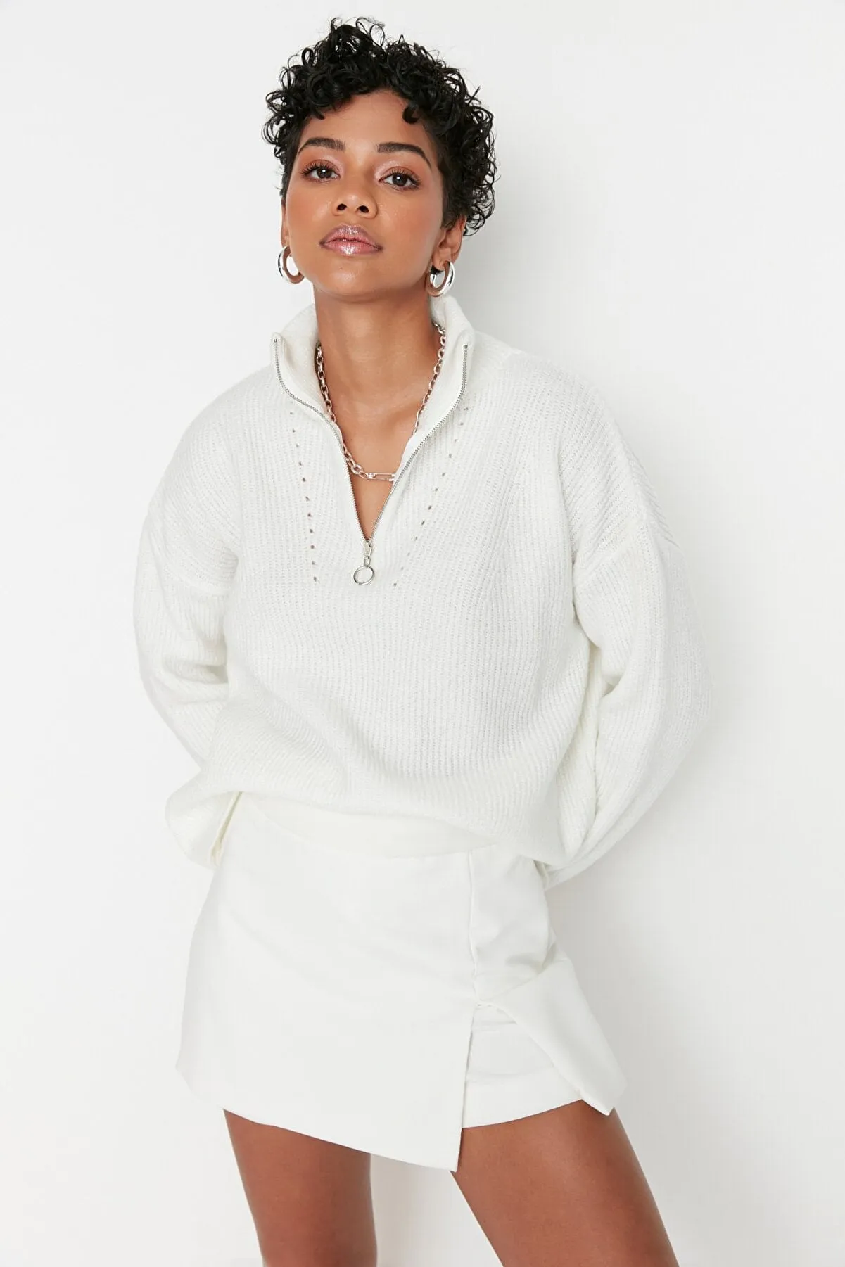 white zip sweater top