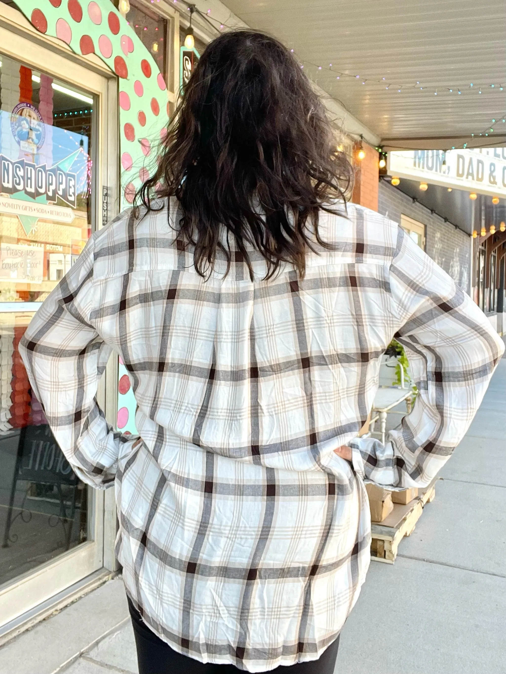 White/Cream/Chocolate Lightweight Plaid Button Up Top