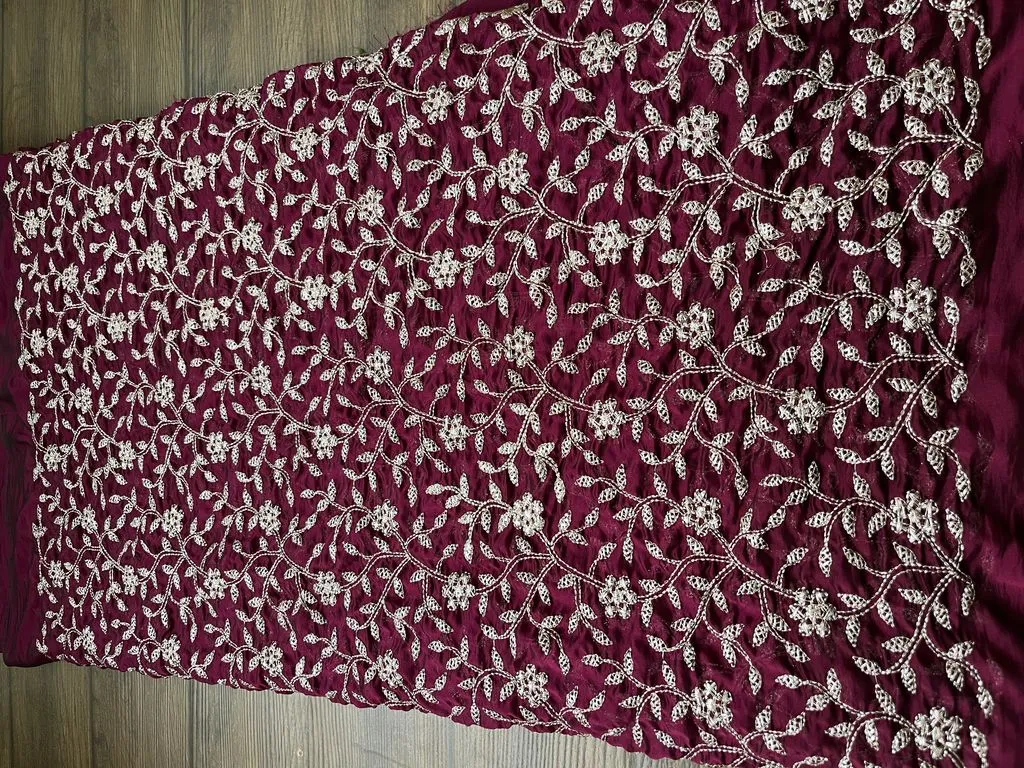Wine & Golden Floral Zardozi Glass Silk Georgette Fabric