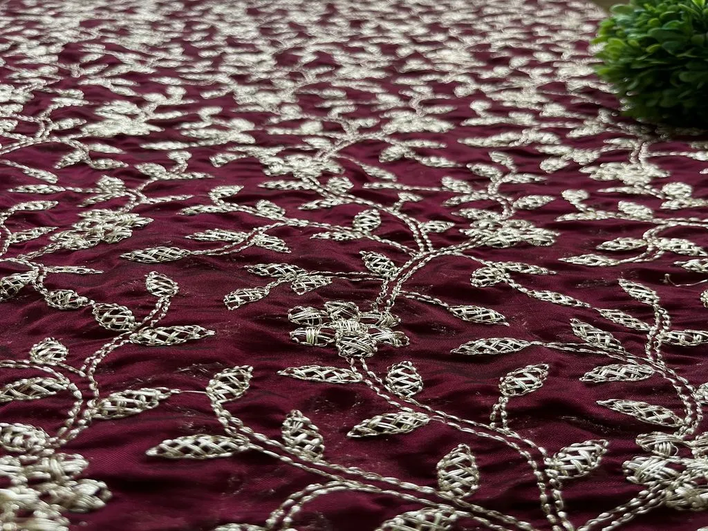 Wine & Golden Floral Zardozi Glass Silk Georgette Fabric