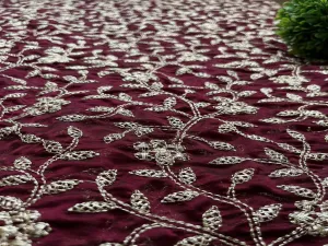 Wine & Golden Floral Zardozi Glass Silk Georgette Fabric