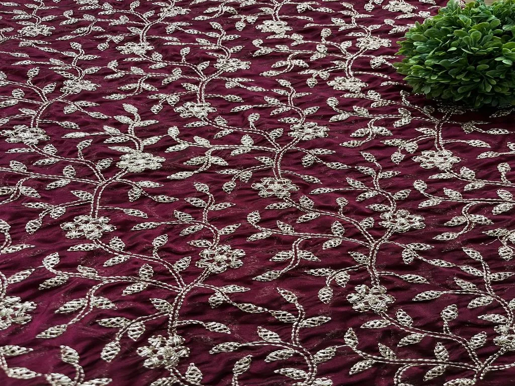 Wine & Golden Floral Zardozi Glass Silk Georgette Fabric
