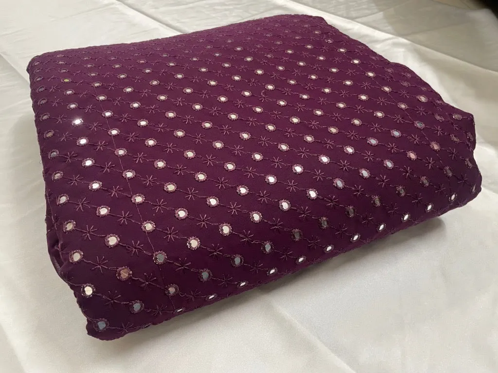 Wine Mirror Work Embroidered Georgette Fabric