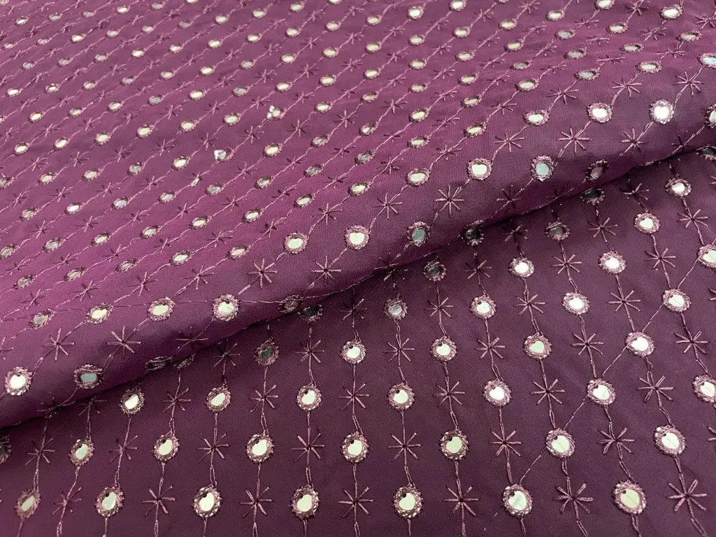 Wine Mirror Work Embroidered Georgette Fabric