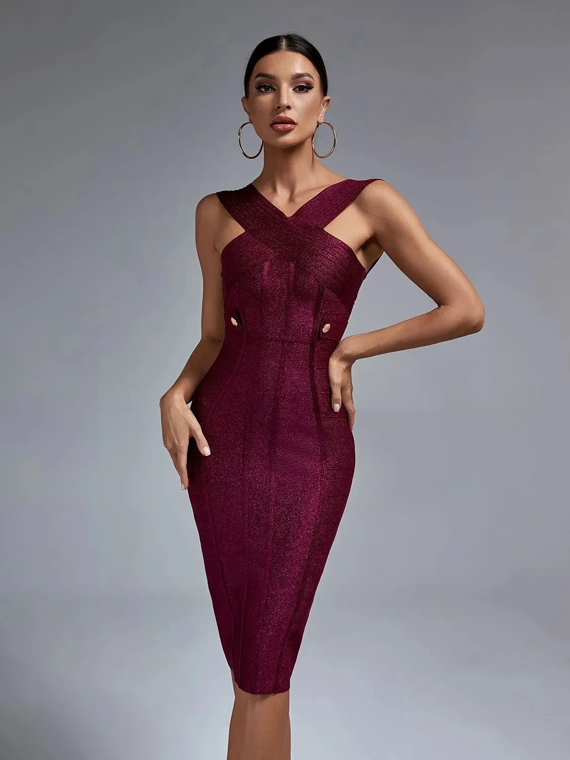 Wine Red Halter Neck Midi Bodycon Dress
