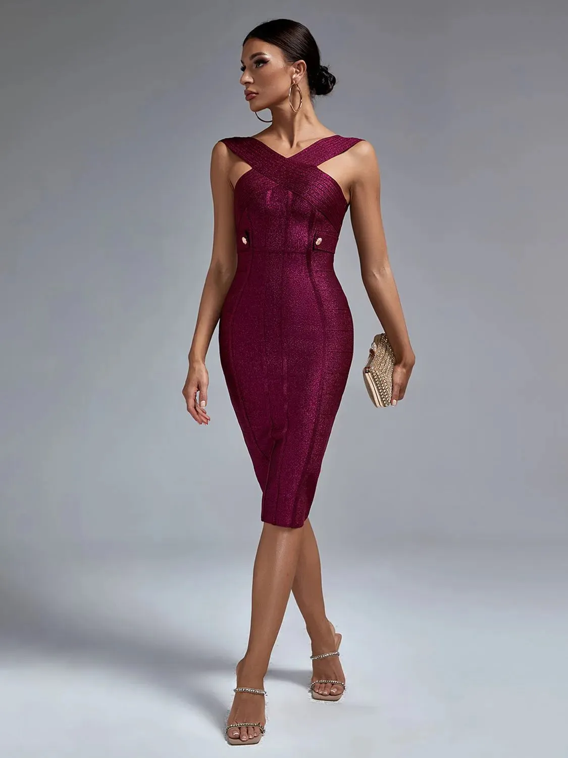 Wine Red Halter Neck Midi Bodycon Dress