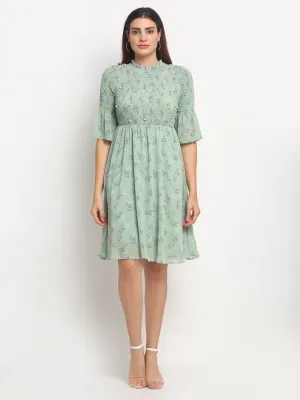 Women Blue Floral Printed Half Sleeve Beads Knee Length Dress