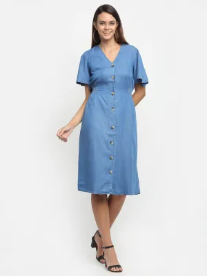 Women Blue V-Neck Solid Dress
