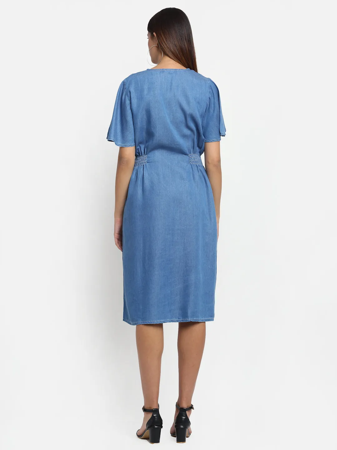 Women Blue V-Neck Solid Dress