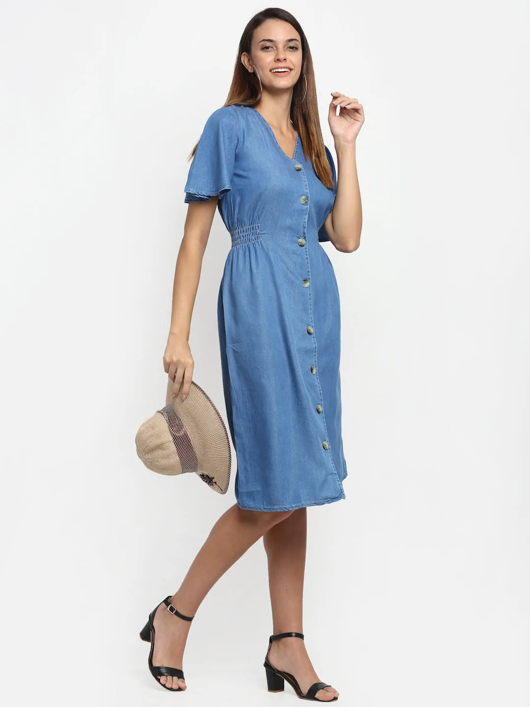Women Blue V-Neck Solid Dress