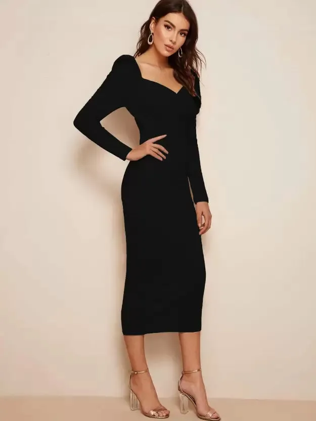 Women Bodycon Wrap neck Full Sleeve Black Dress