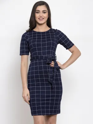 Women Checked Navy Blue Round Neck Bodycon Dress