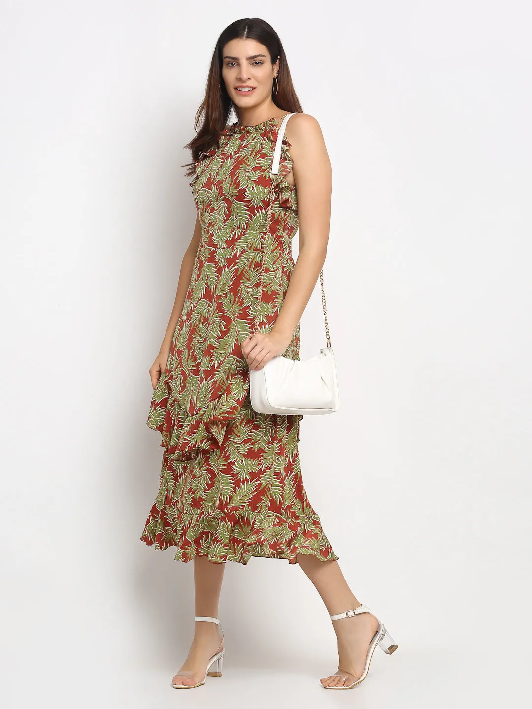 Women Maroon Print Long Length Dress