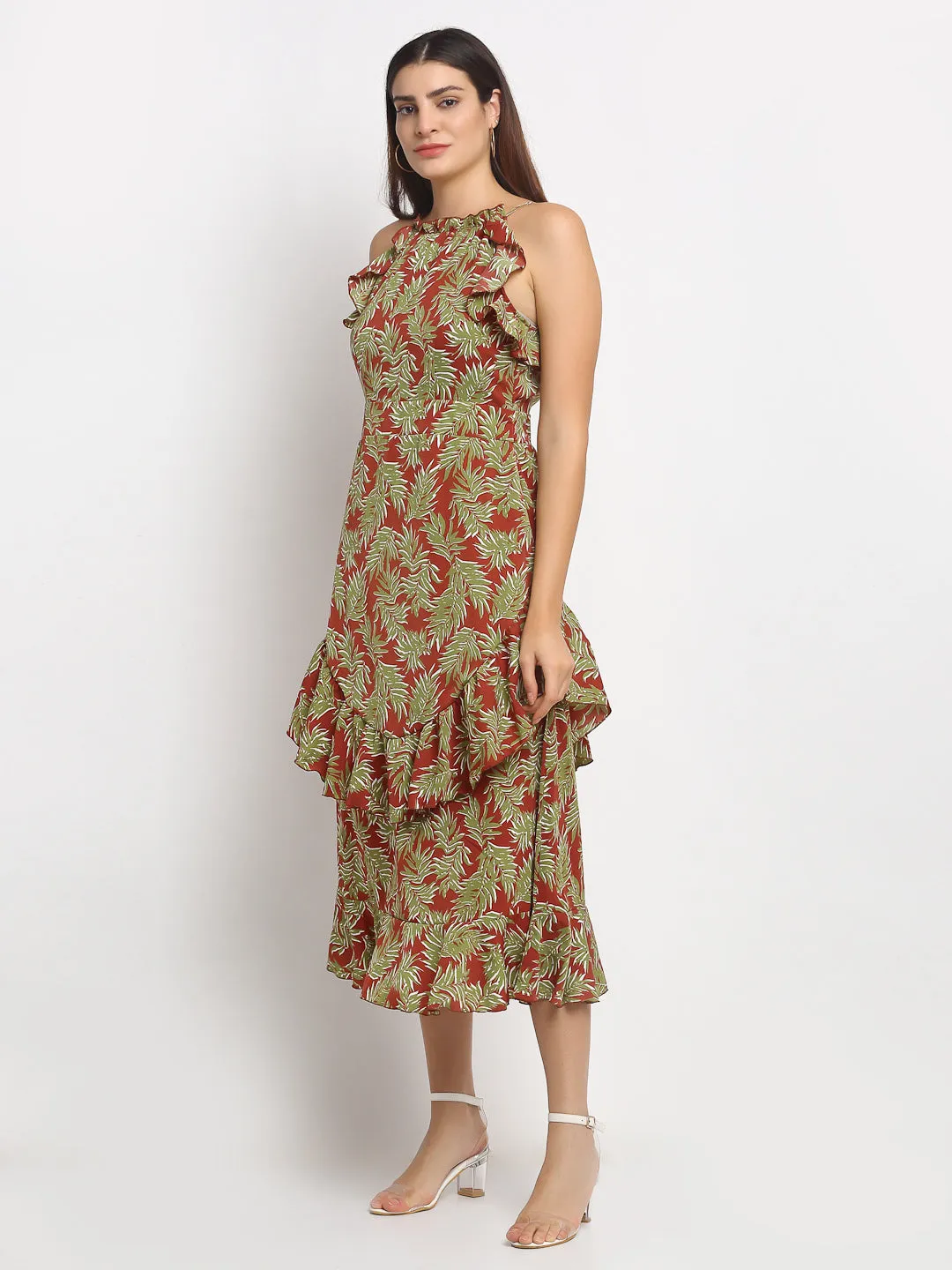 Women Maroon Print Long Length Dress