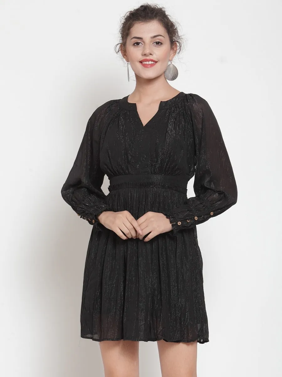 Women Self Design Black V-Neck Dress