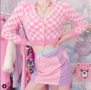 women sweater kawaii chessboard mink velvet short crop top knitted cardigan st01