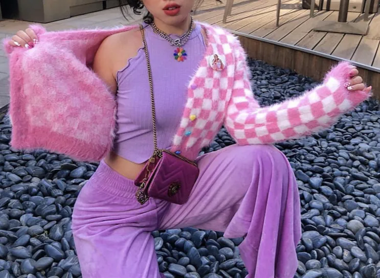 women sweater kawaii chessboard mink velvet short crop top knitted cardigan st01