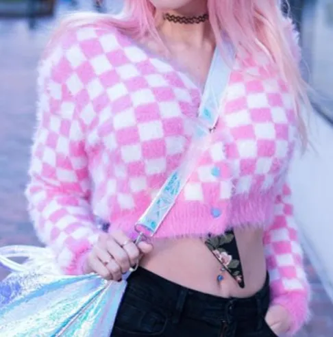 women sweater kawaii chessboard mink velvet short crop top knitted cardigan st01