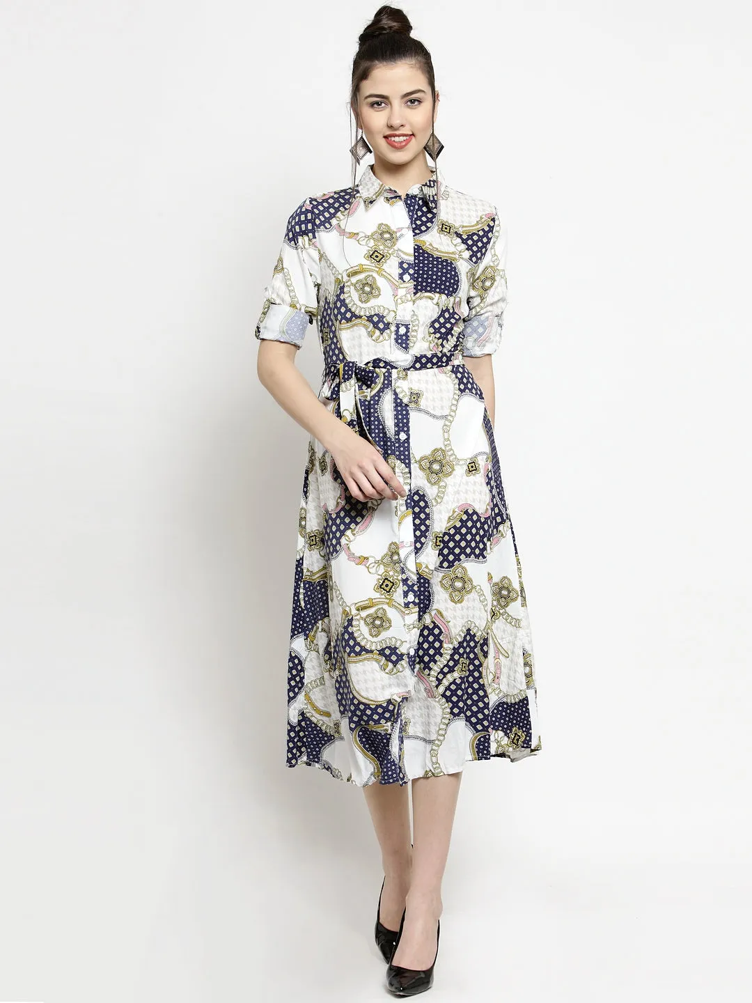 Women White Baroque Shirt Collarprinted Dress