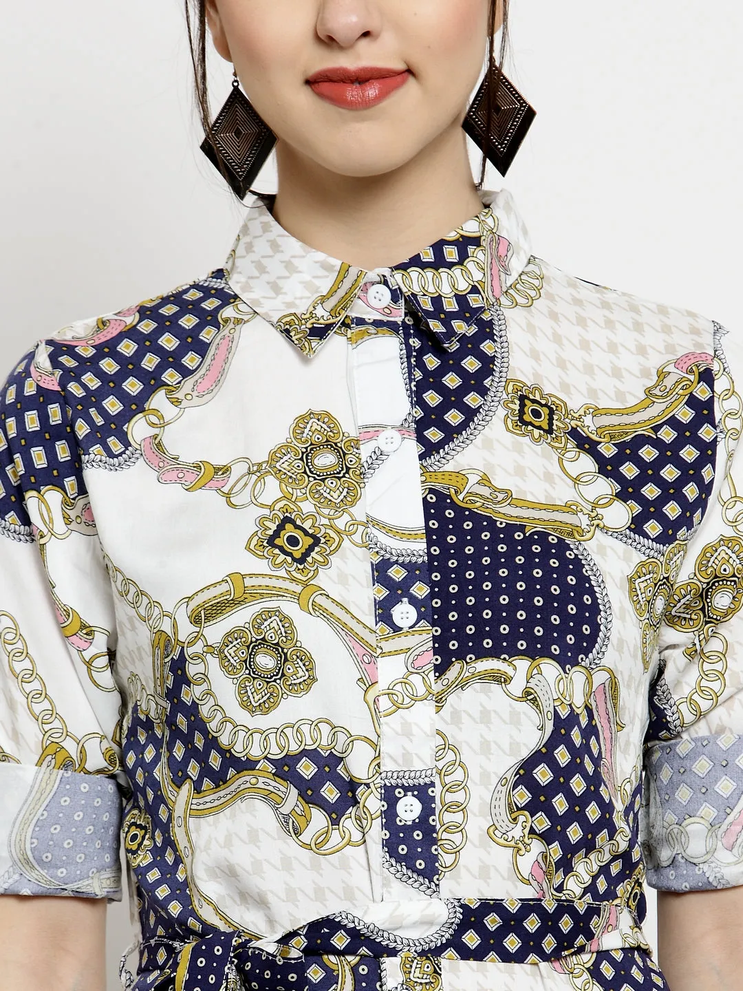 Women White Baroque Shirt Collarprinted Dress