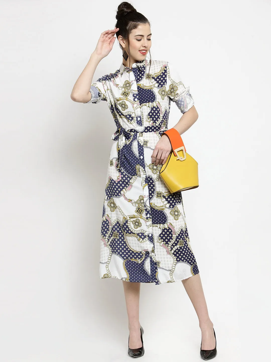 Women White Baroque Shirt Collarprinted Dress