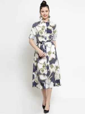 Women White Baroque Shirt Collarprinted Dress