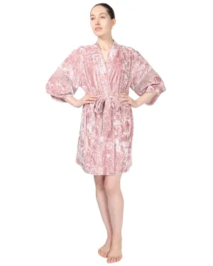 Women's Crushed Velvet Floral Lace Trim Kimono Robe