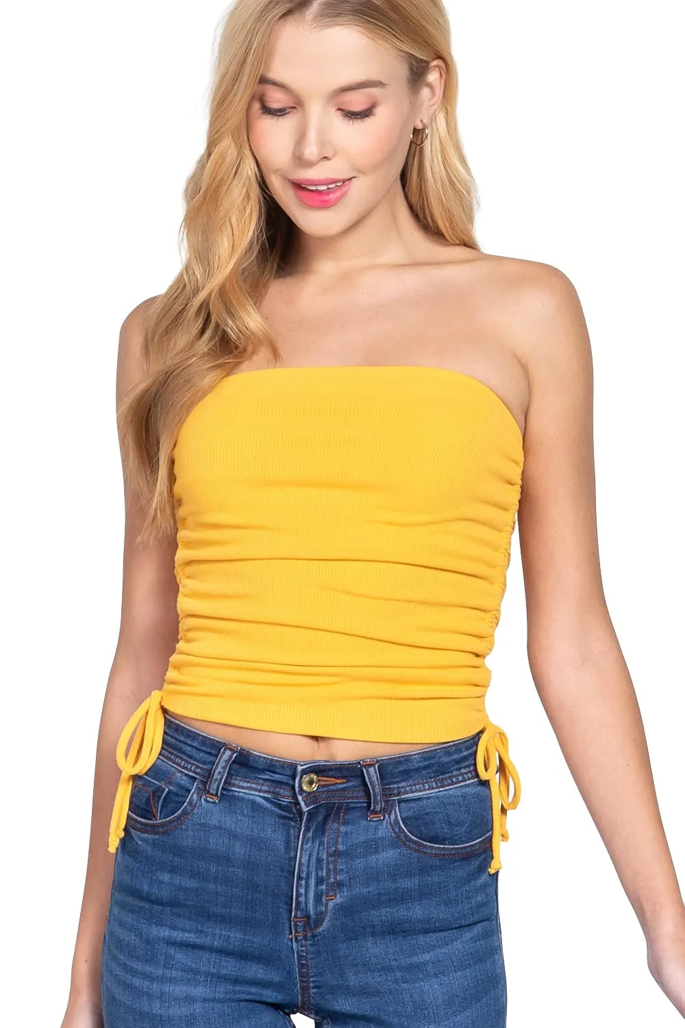 Womens-Drawstring Side Ruched Detail Tube Top