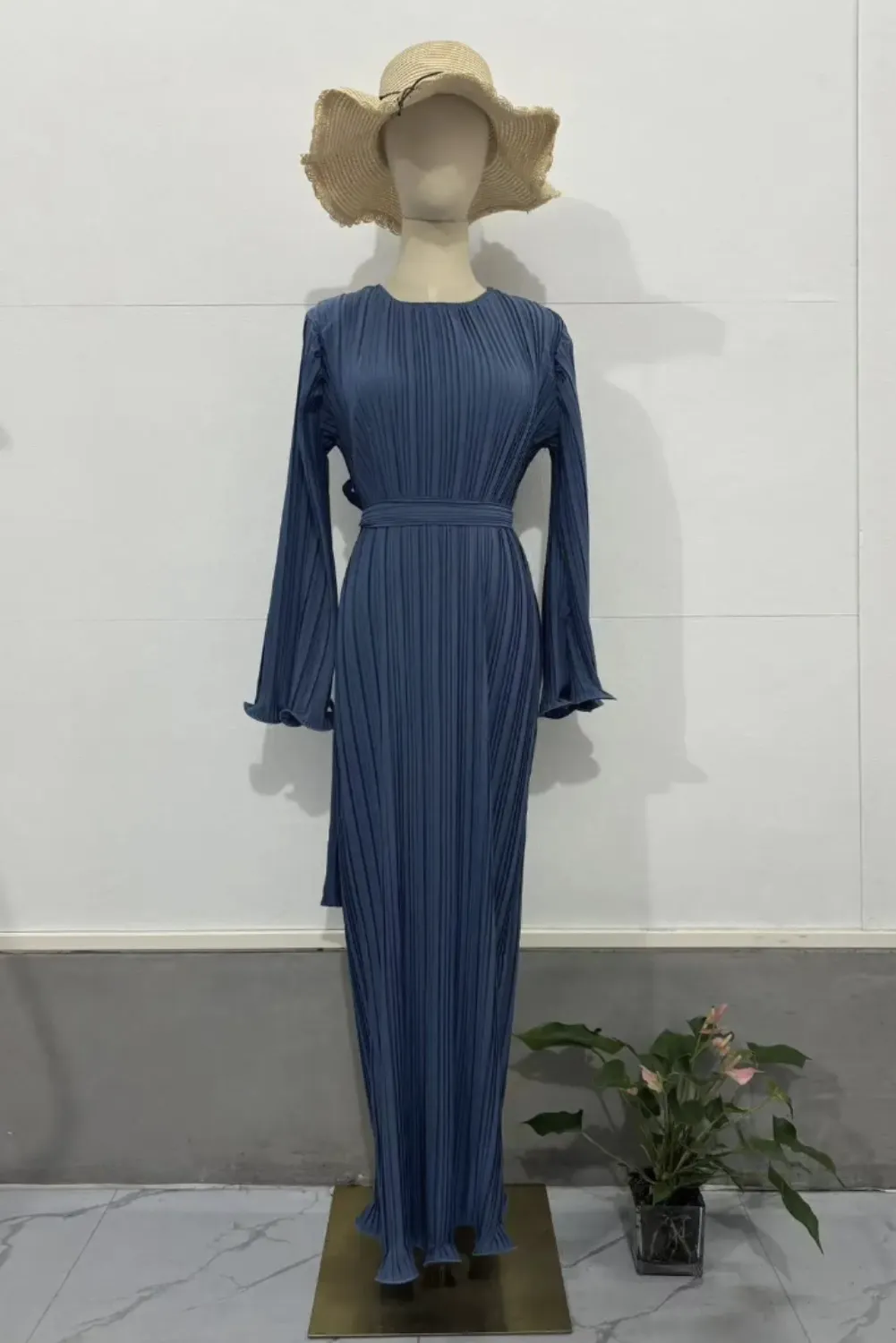 Womens Elegant Blue Pleated with Belt Maxi Dress
