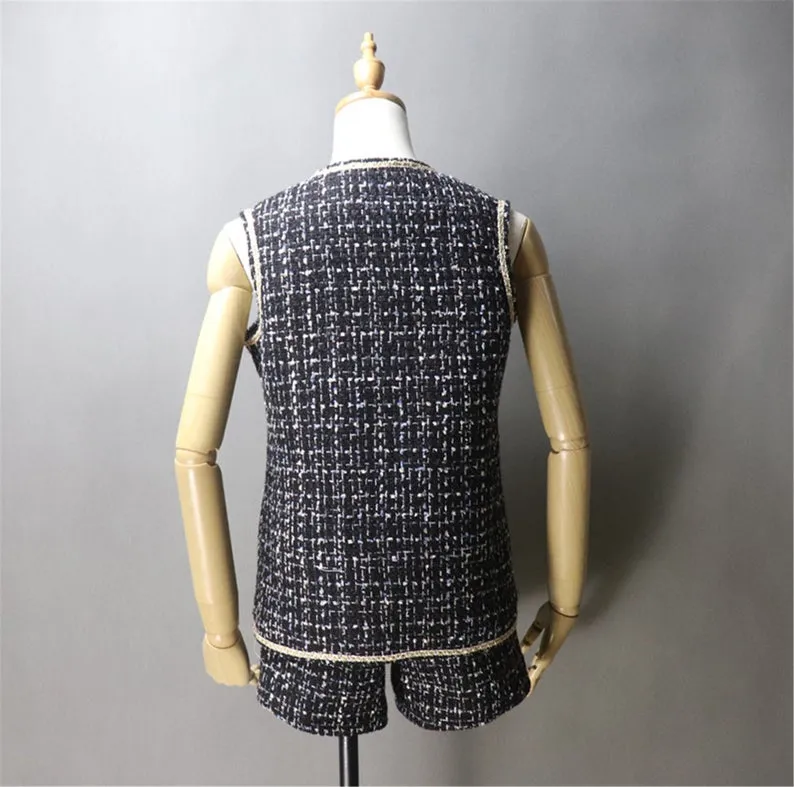 Women's gilet Asymmetric Trim Pockets Tweed Vest   Shorts