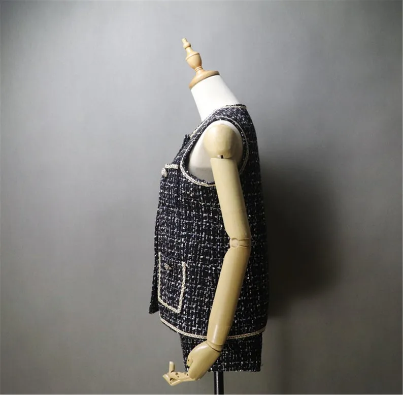 Women's gilet Asymmetric Trim Pockets Tweed Vest   Shorts