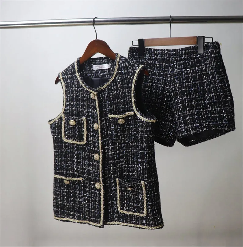 Women's gilet Asymmetric Trim Pockets Tweed Vest   Shorts