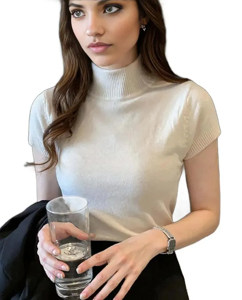Womens Slim Fit Turtle Neck Short Sleeve Knitted Top
