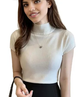 Womens Slim Fit Turtle Neck Short Sleeve Knitted Top