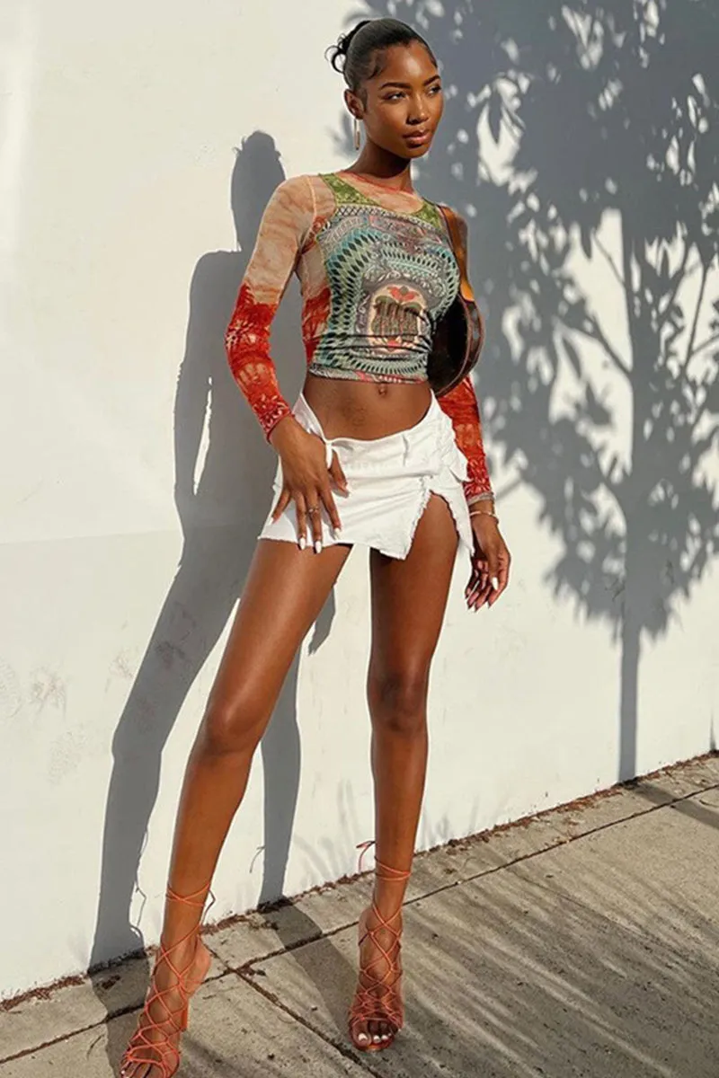 Y2K Mesh Dollar Print Long Sleeve Crop Top
