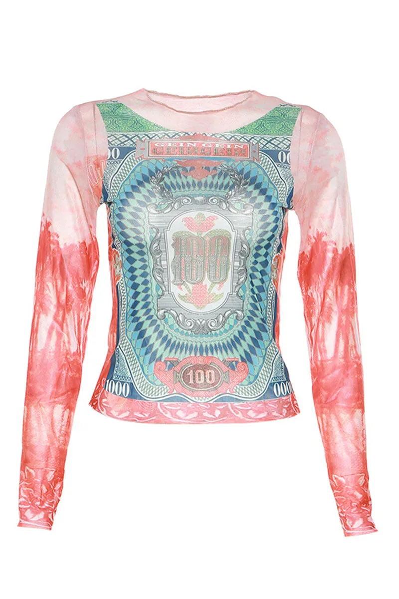 Y2K Mesh Dollar Print Long Sleeve Crop Top