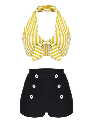 Yellow 1950s Retro Halter Stripes Bikini Set