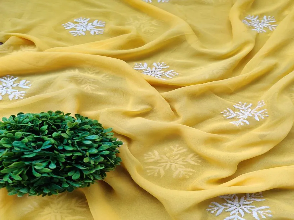 Yellow & White Floral Embroidered Georgette Fabric (Wholesale)