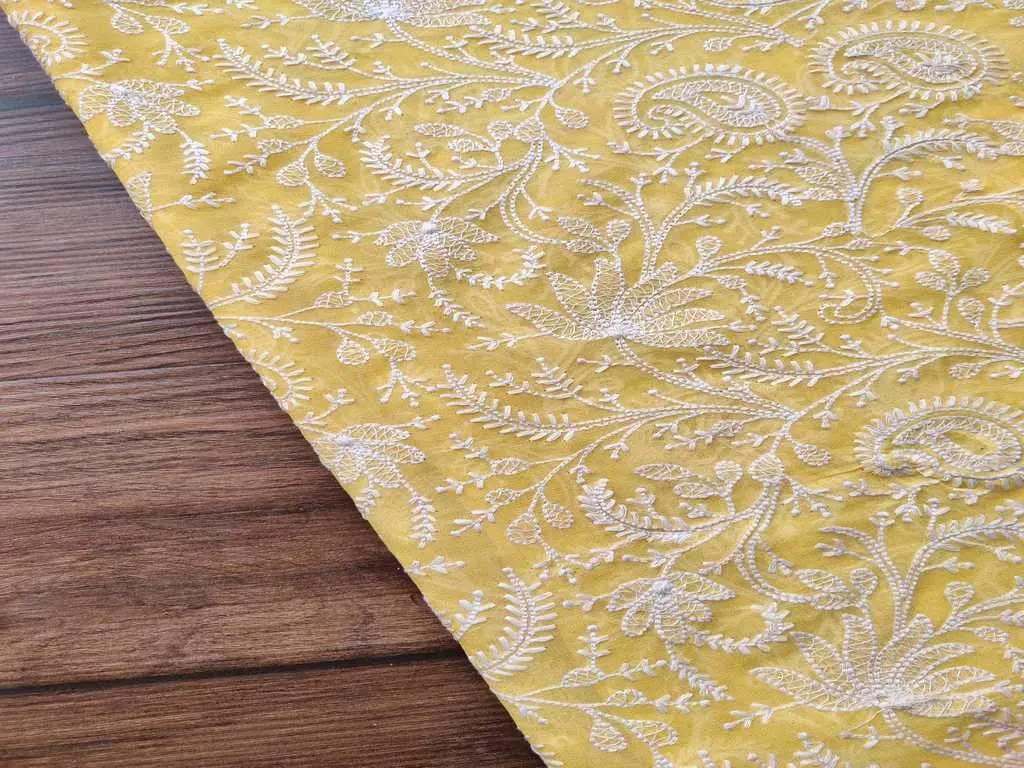 Yellow & White Floral Lakhnawi Embroidered Pure Georgette Fabric (Wholesale)