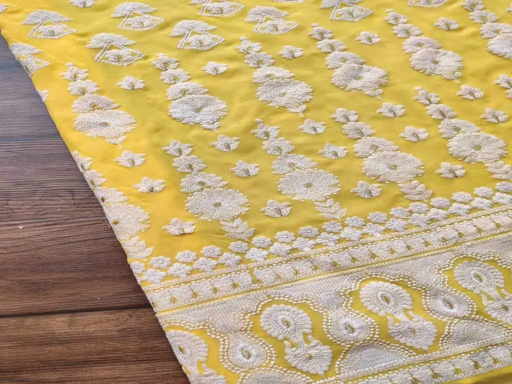 Yellow & White Floral Lakhnawi Embroidered Pure Georgette Fabric (Wholesale)