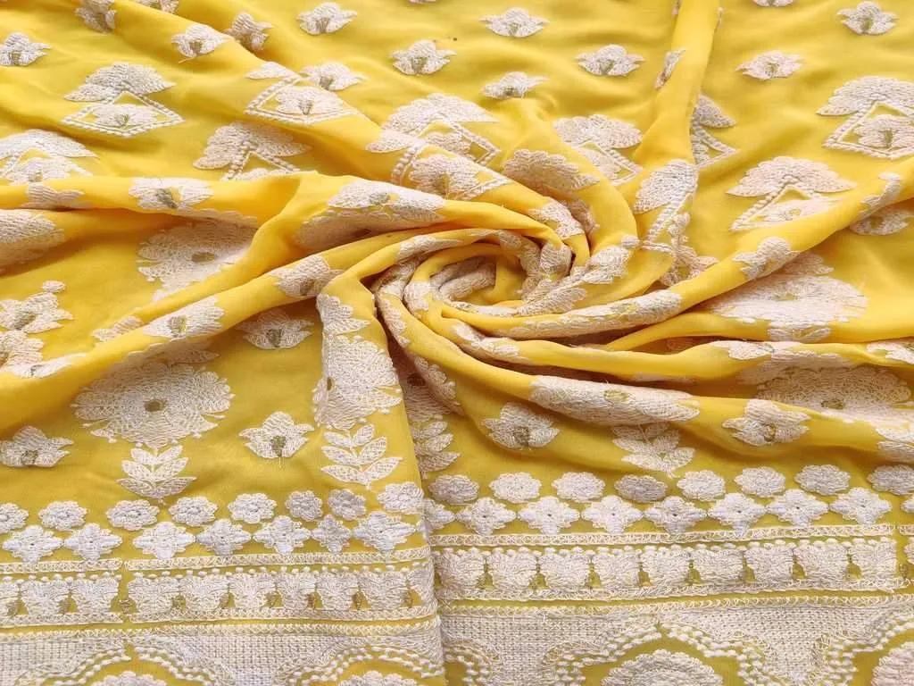 Yellow & White Floral Lakhnawi Embroidered Pure Georgette Fabric (Wholesale)