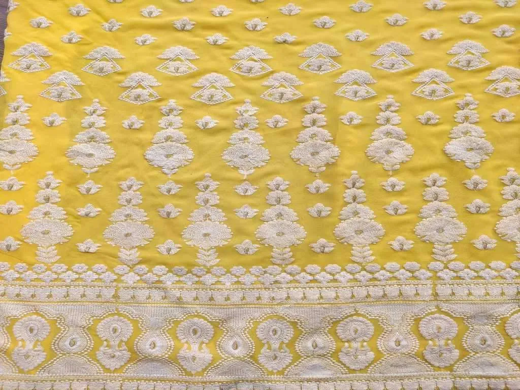 Yellow & White Floral Lakhnawi Embroidered Pure Georgette Fabric (Wholesale)