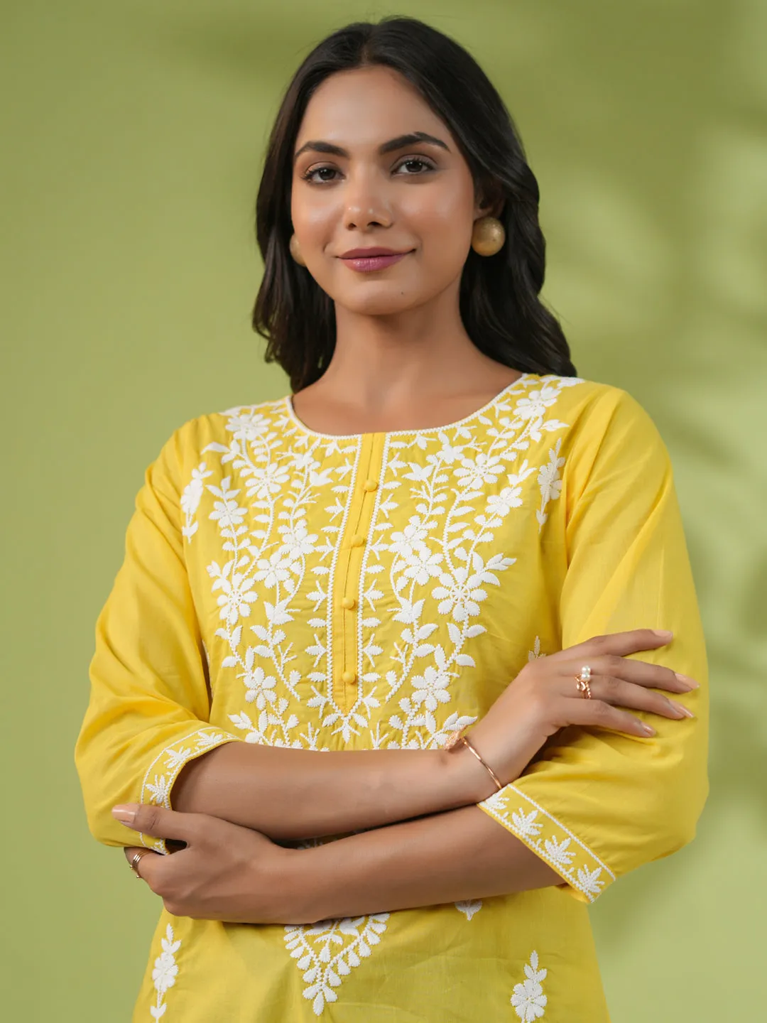Yellow Cotton Chikankari Tunic  - By Janasya