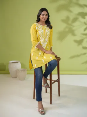 Yellow Cotton Chikankari Tunic  - By Janasya