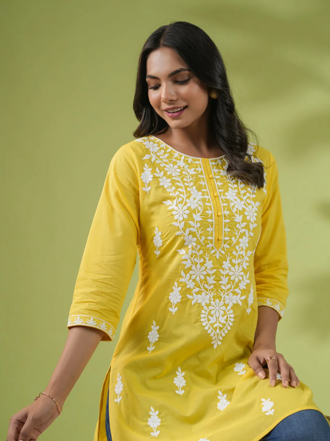 Yellow Cotton Chikankari Tunic  - By Janasya