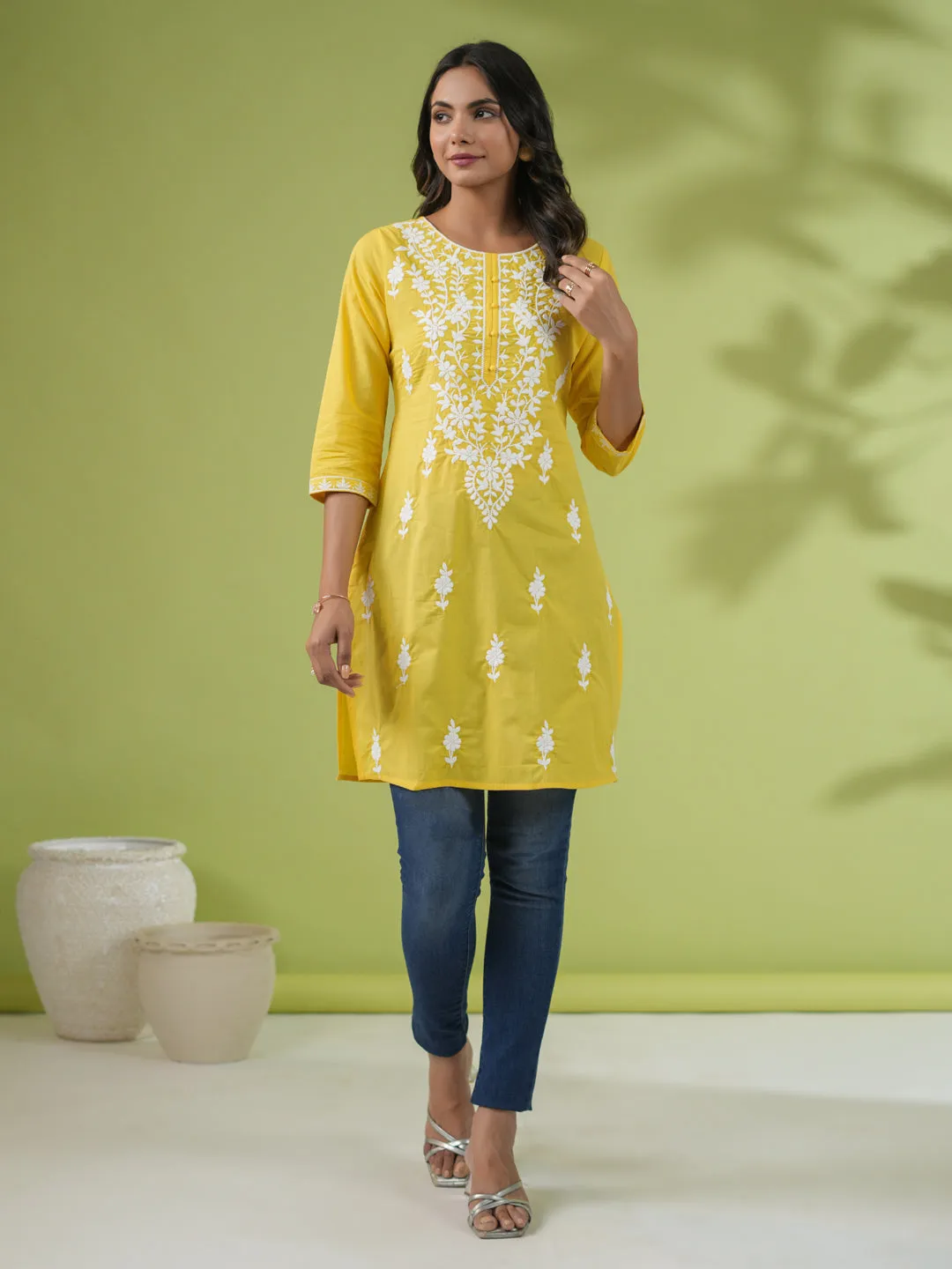 Yellow Cotton Chikankari Tunic  - By Janasya