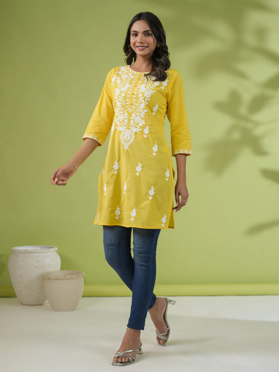 Yellow Cotton Chikankari Tunic  - By Janasya