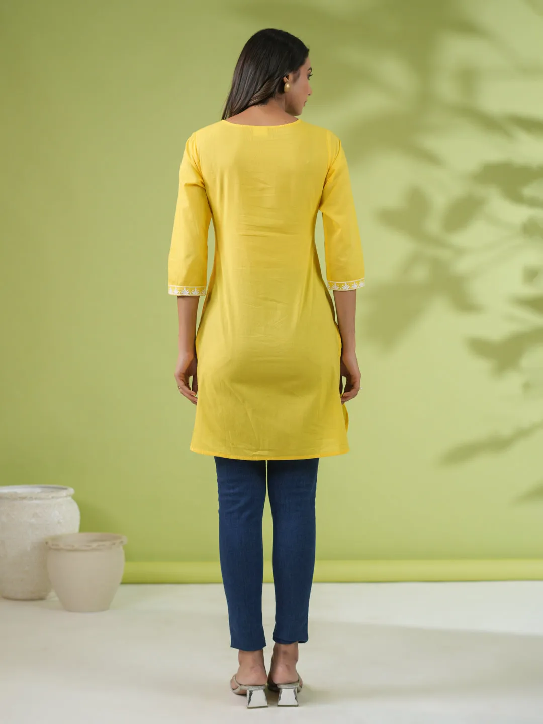 Yellow Cotton Chikankari Tunic  - By Janasya